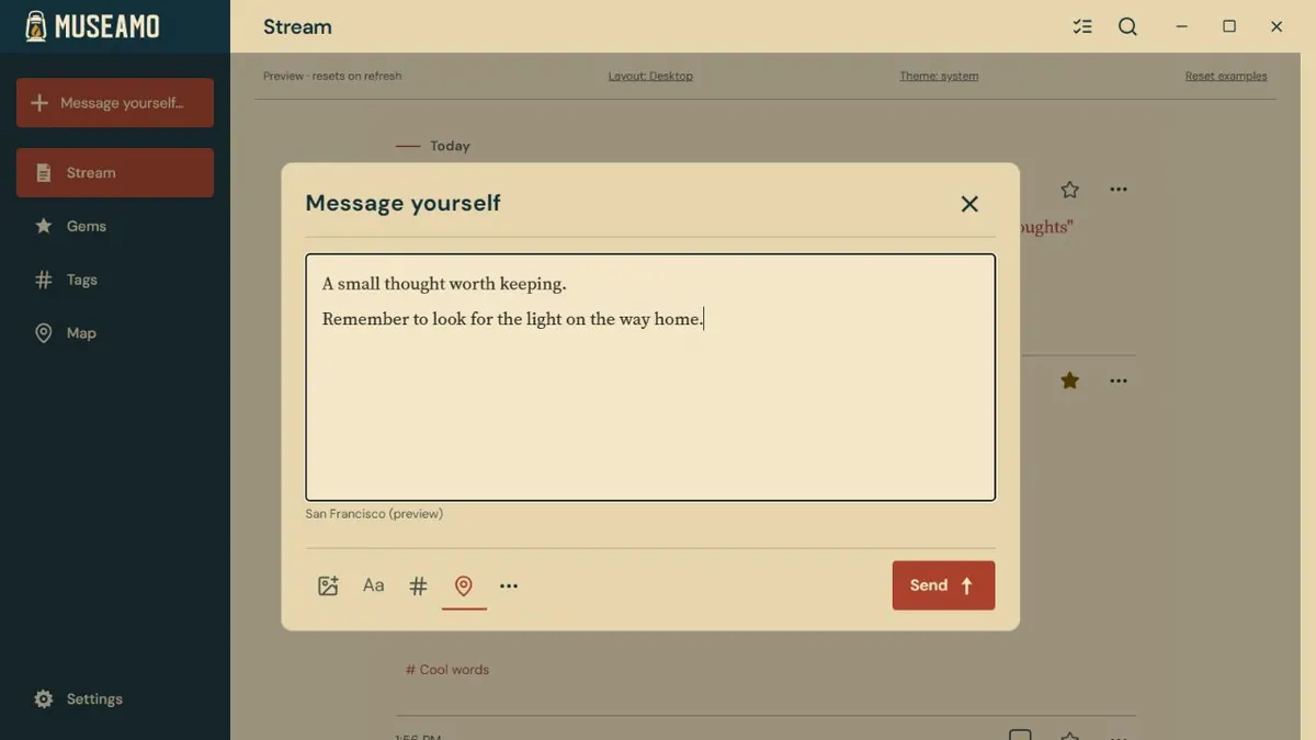 Composing a sample thought on Windows, with attachment, formatting, tag, location, and Send controls