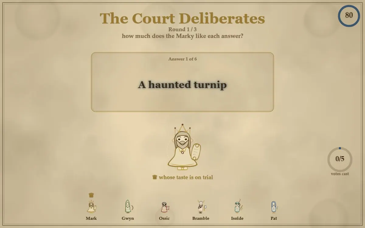 The Court Deliberates: one answer shown large, the Marky below it captioned 'whose taste is on trial', and a votes-cast ring