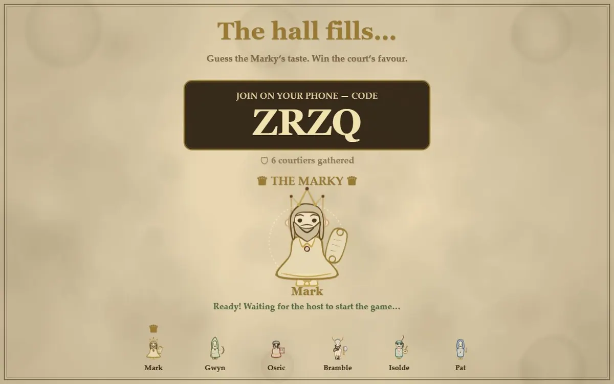 The big screen in the lobby: a four-letter room code, the crowned Marky, and six courtiers gathered along the bottom