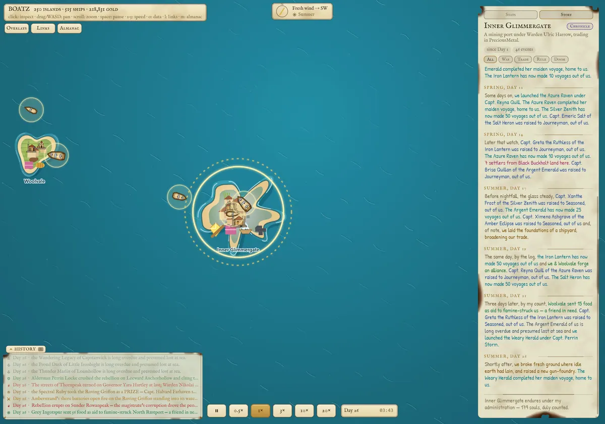 The Story tab: a port's history written as a first-person logbook in the keeper's own hand