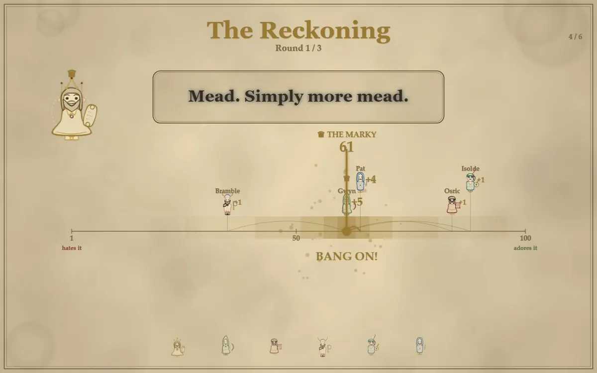 The Reckoning on the big screen: the answer 'The one bard nobody invited' above a 1 to 100 line, each courtier's guess plotted with their character, a histogram of the spread behind, and the Marky's true rating of 79 dropping in as a gold marker with BANG ON above it