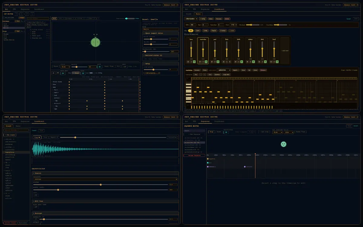 The Pat_Engine editor suite: art, music, soundboard, and sequence editors