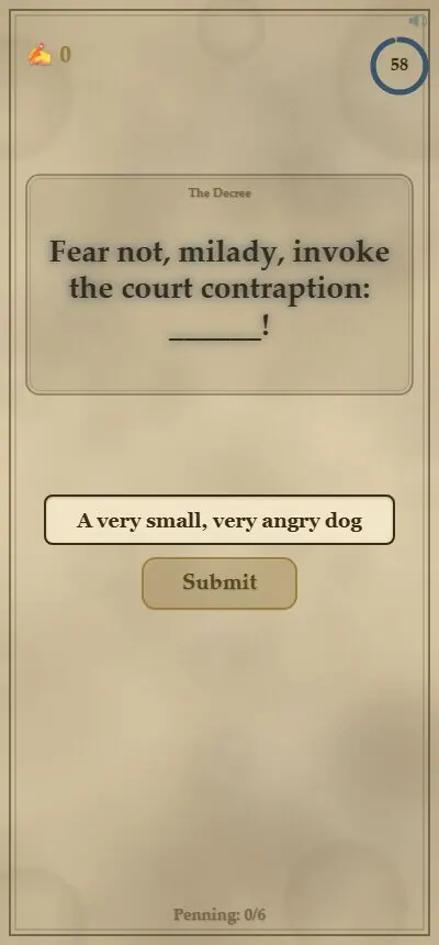 The Decree on a phone: a fill-in-the-blank prompt with an answer typed underneath and a countdown ring