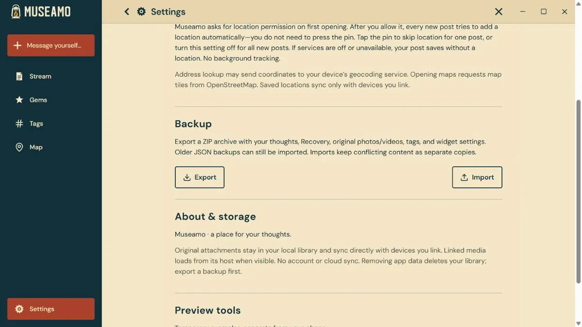 Settings showing the Backup Export and Import controls