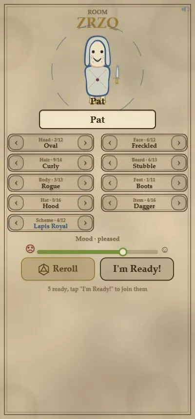 The character creator on a phone: a hero named Pat with cyclers for head, face, hair, beard, body, feet, hat and item, a colour scheme picker, a mood slider, and Reroll and I'm Ready buttons