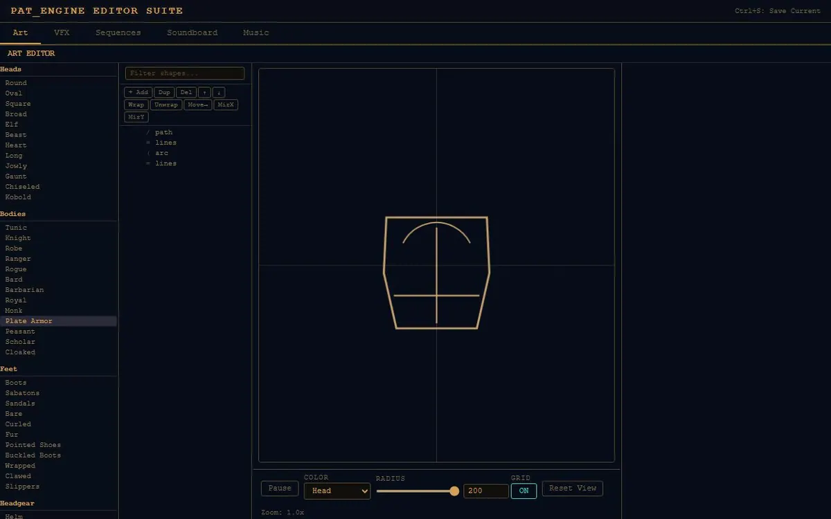 The art editor at /editor: every character part listed down the left, the selected Plate Armor body as a tree of path, lines and arc shapes, and a live preview on a grid