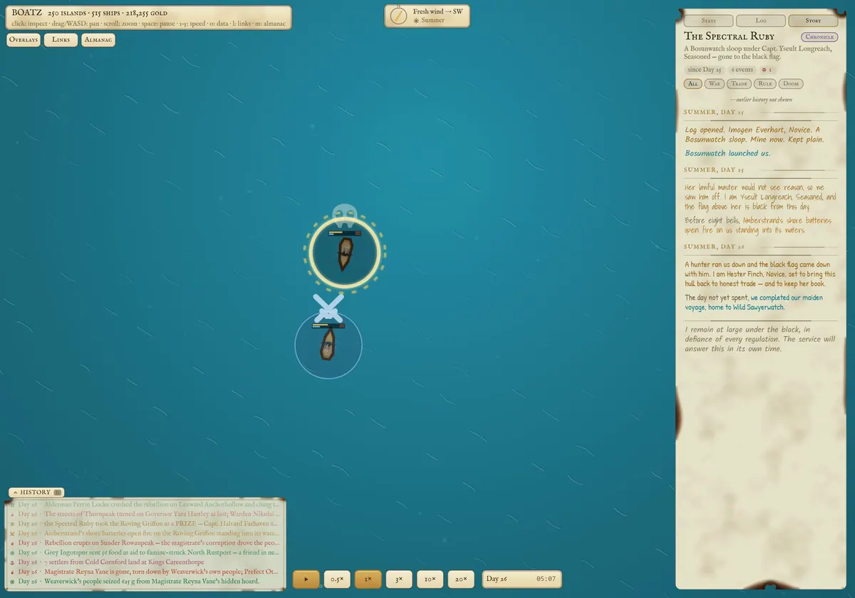 A pirate standing off against a privateer, with the ship's own logbook of its turn to piracy