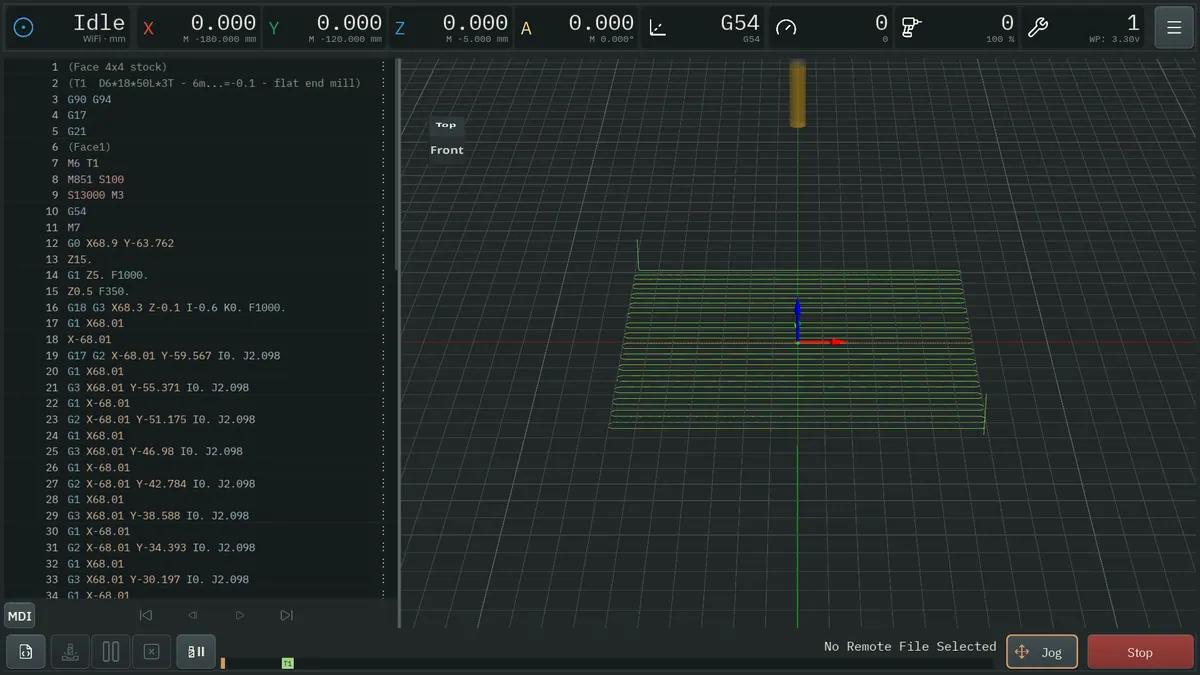 G-code preview with a loaded facing toolpath
