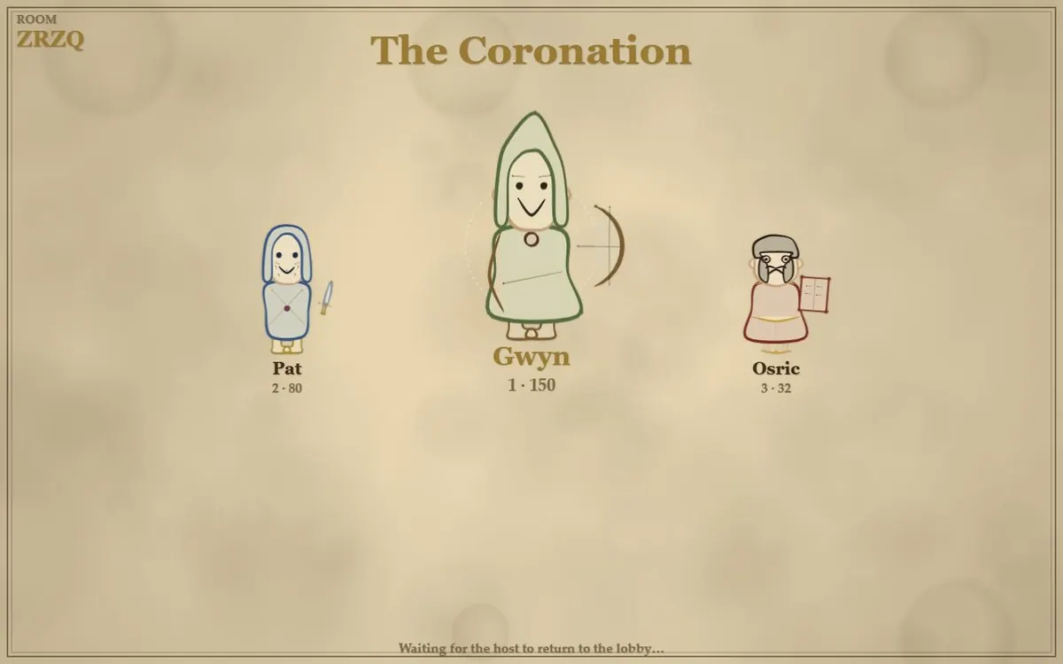 The Coronation: the champion Gwyn raised in the centre on 150 points, between the runners-up Pat and Osric