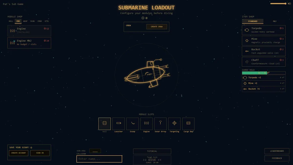 Sub Game: the submarine loadout screen