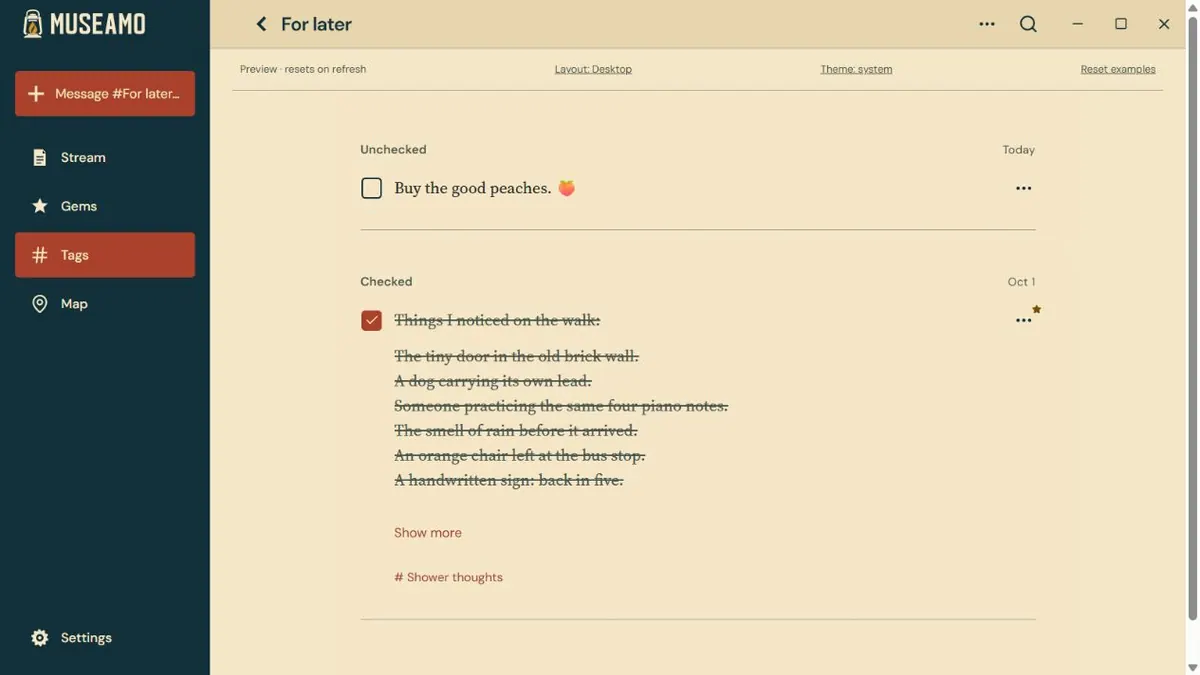 A Checklist collection with unchecked thoughts above checked thoughts