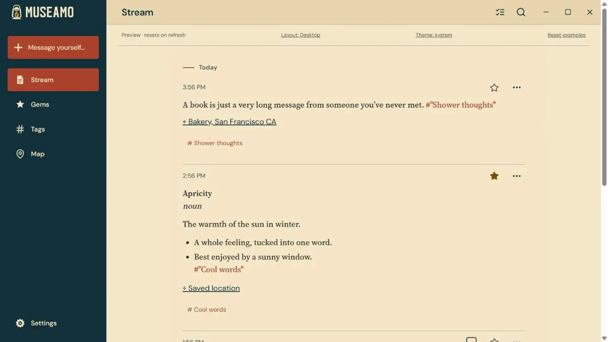 Museamo on Windows: a sidebar for Stream, Gems, Tags, and Map beside the thought feed