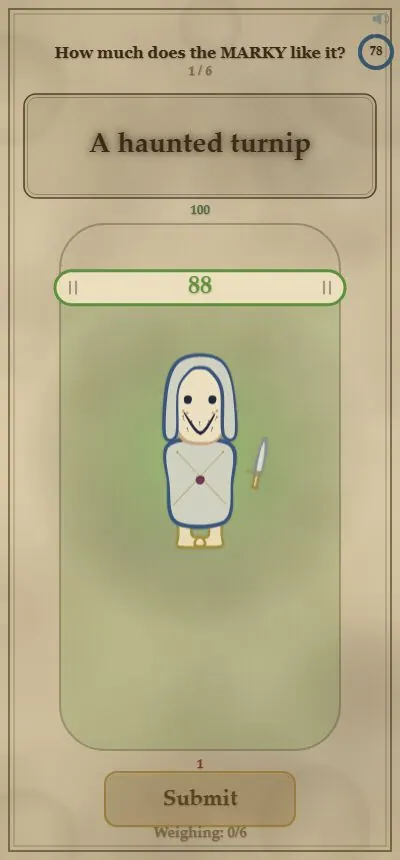The rating screen on a phone: a vertical 1 to 100 slider set to 88, with the character's expression shifting to delighted as the value rises