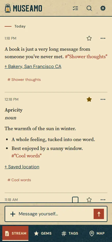 Phone Stream in the light paper theme, with thought text, locations, tag chips, and bottom navigation