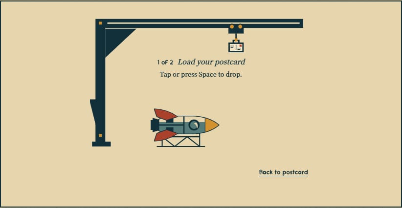 The postcard contact form with its crane-and-rocket game