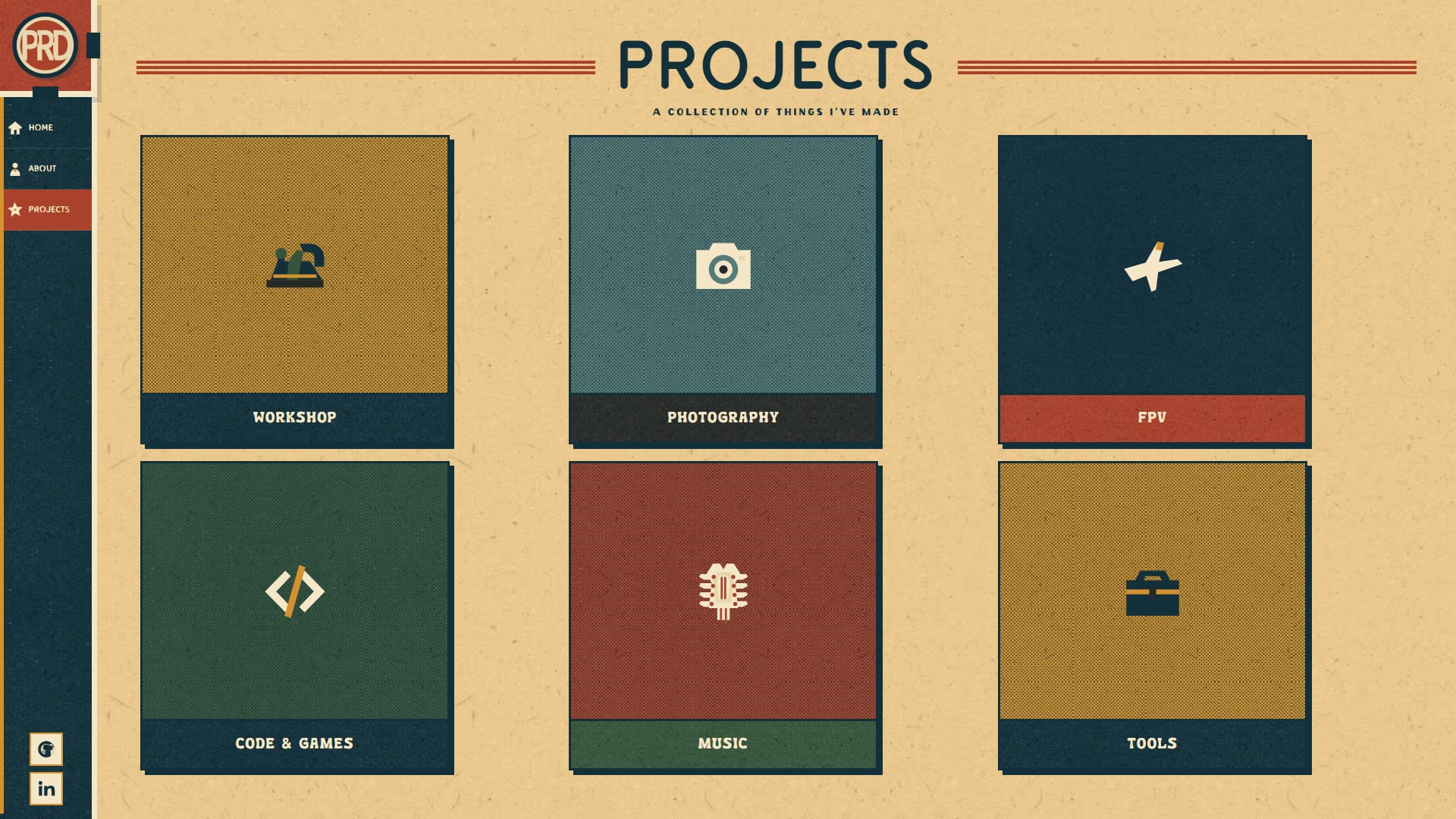 The portfolio's categories presented as illustrated poster cards