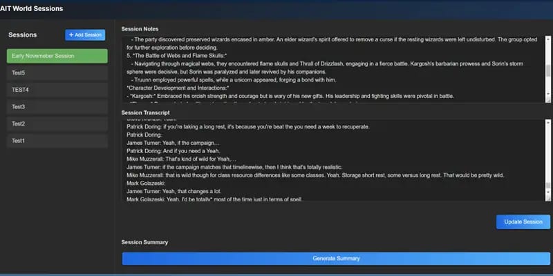Session notes, transcript, and summary tools