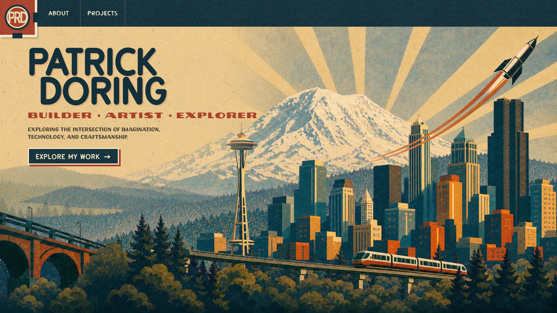 The layered WPA-inspired front page of PatrickDoring.com