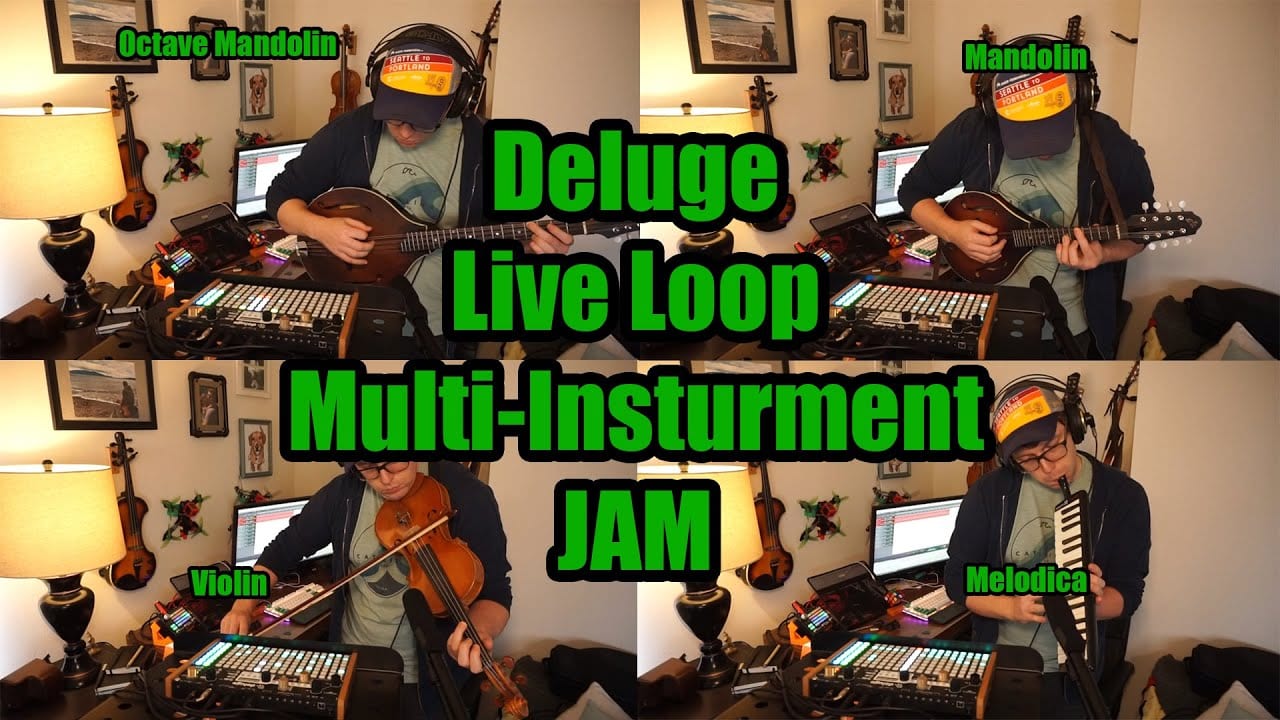 A four-panel collage of a musician playing octave mandolin, mandolin, violin, and melodica above a Deluge.