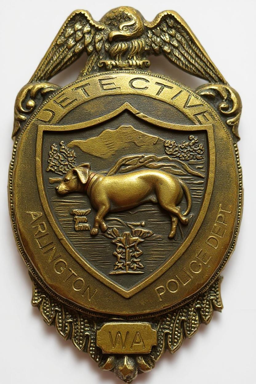 The AI-cleaned badge image, with a dog in a landscape beneath an eagle and lettering for Arlington, Washington.