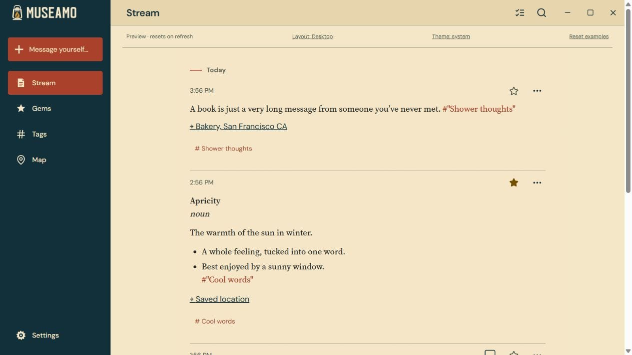 Museamo's Windows Stream preview, with sample thoughts, hashtag collections, and starred Gems
