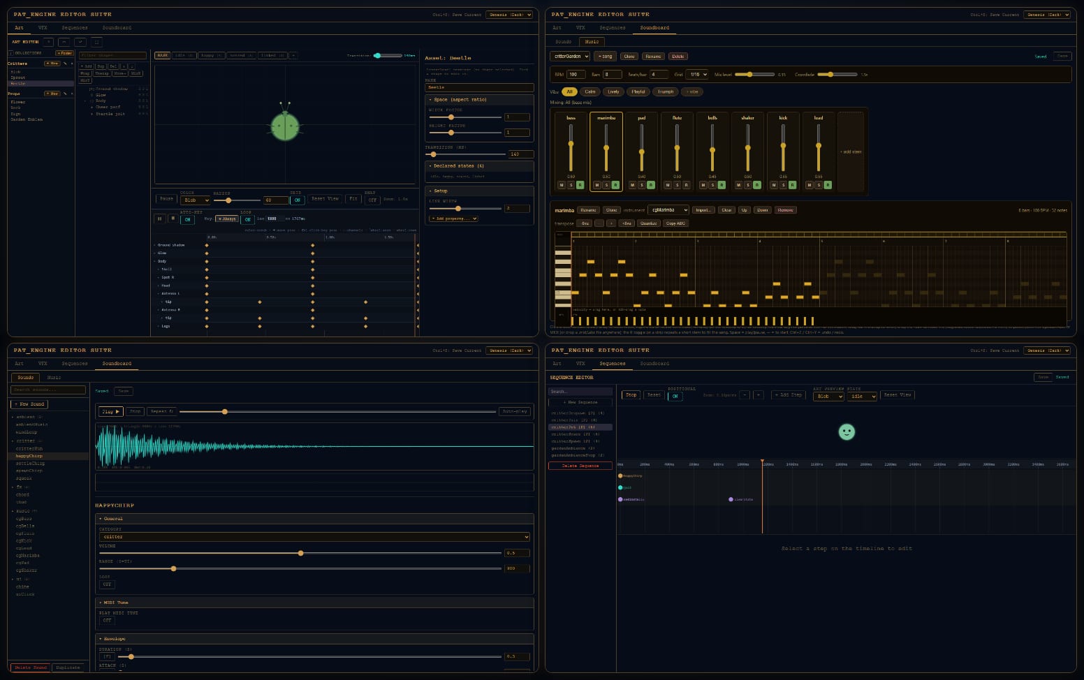 The Pat_Engine editor suite: art, music, soundboard, and sequence editors