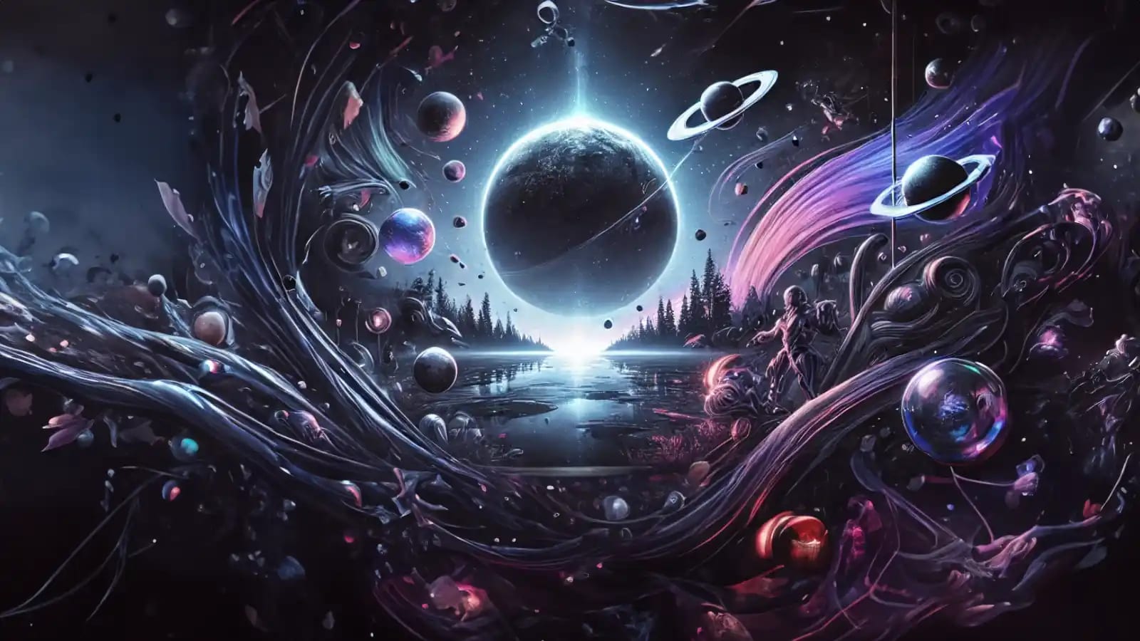 A surreal world of planets, forests, water, and flowing violet forms used as the WeMadeThis.World hero artwork.
