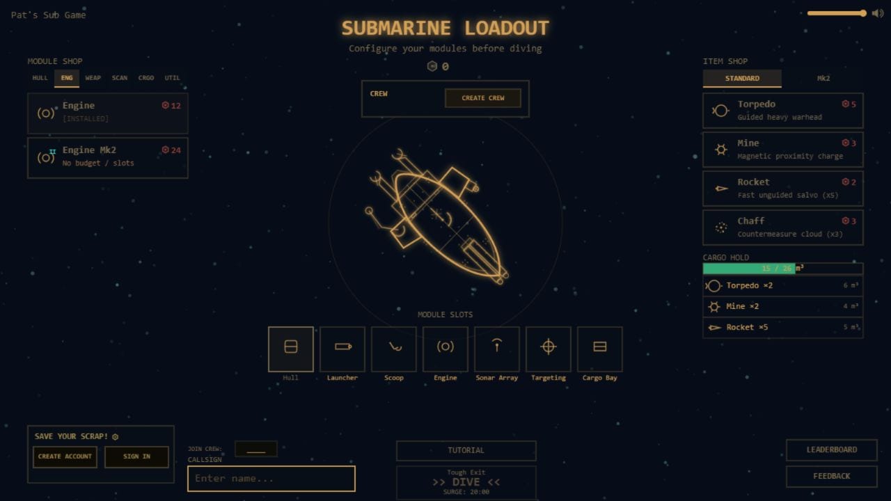 The Pat's Sub Game loadout screen with a vector submarine surrounded by module and payload choices.