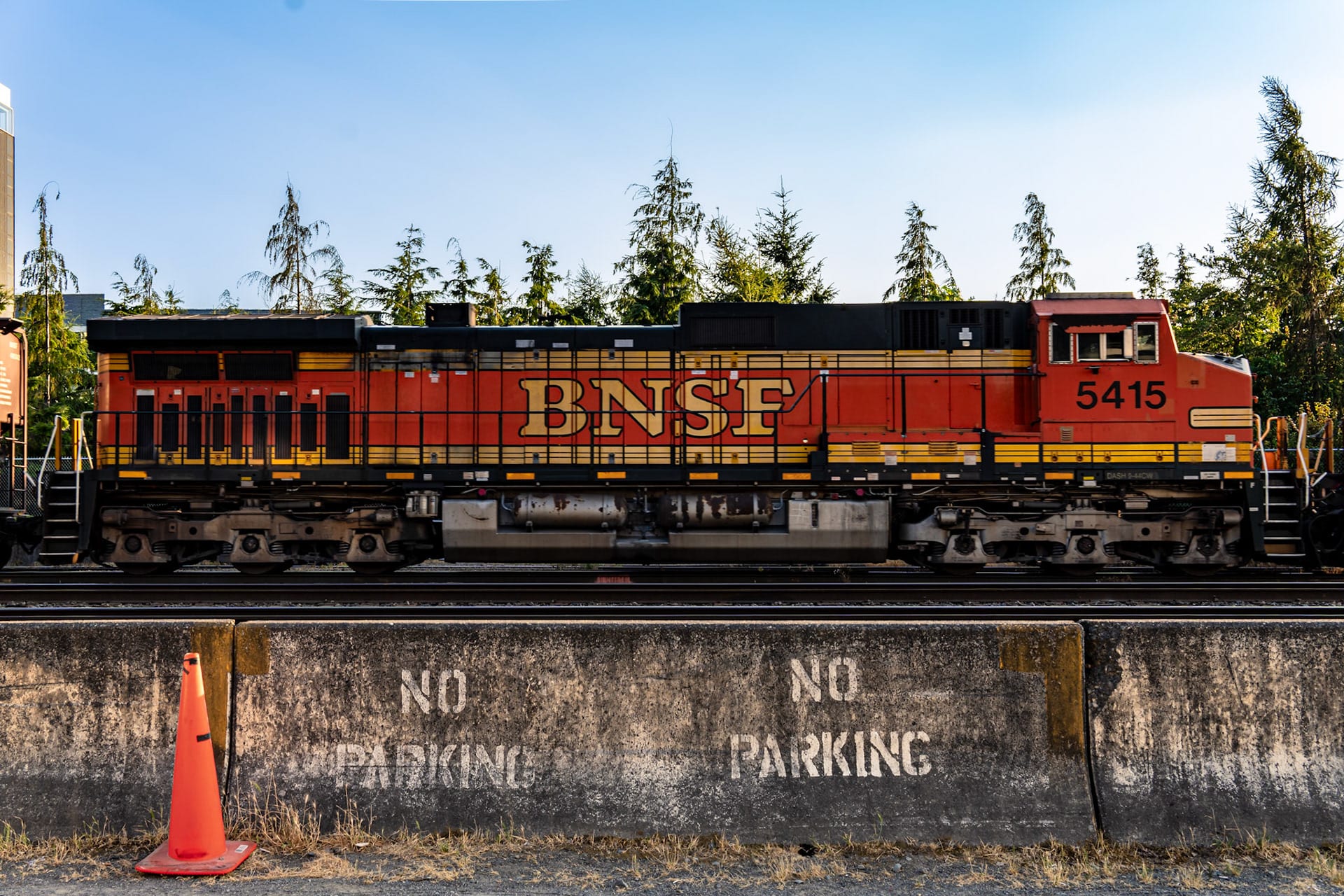 A BNSF locomotive running past a stand of evergreens, a traffic cone in the foreground.