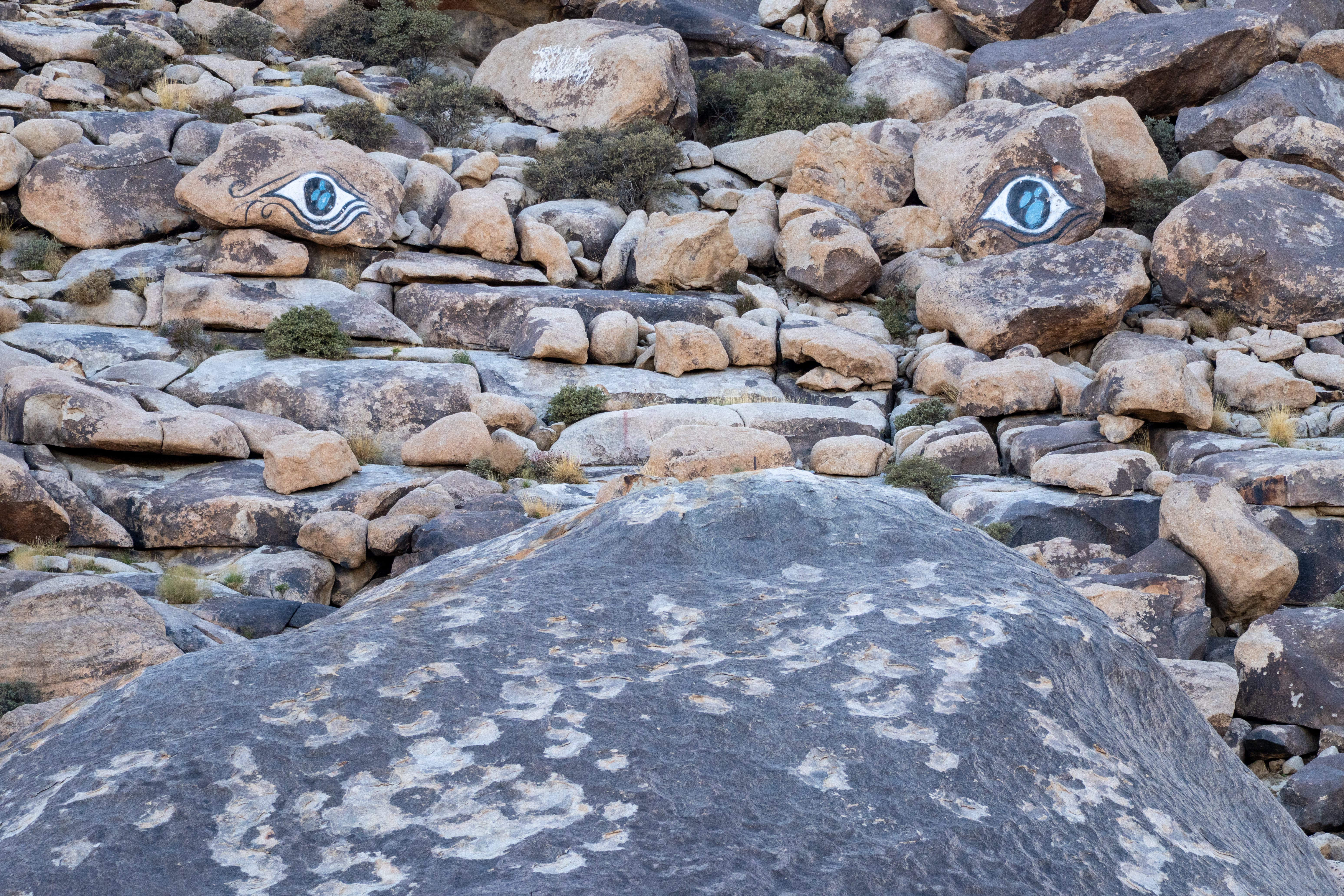 Painted blue eyes peer from boulders beside rough stone steps.