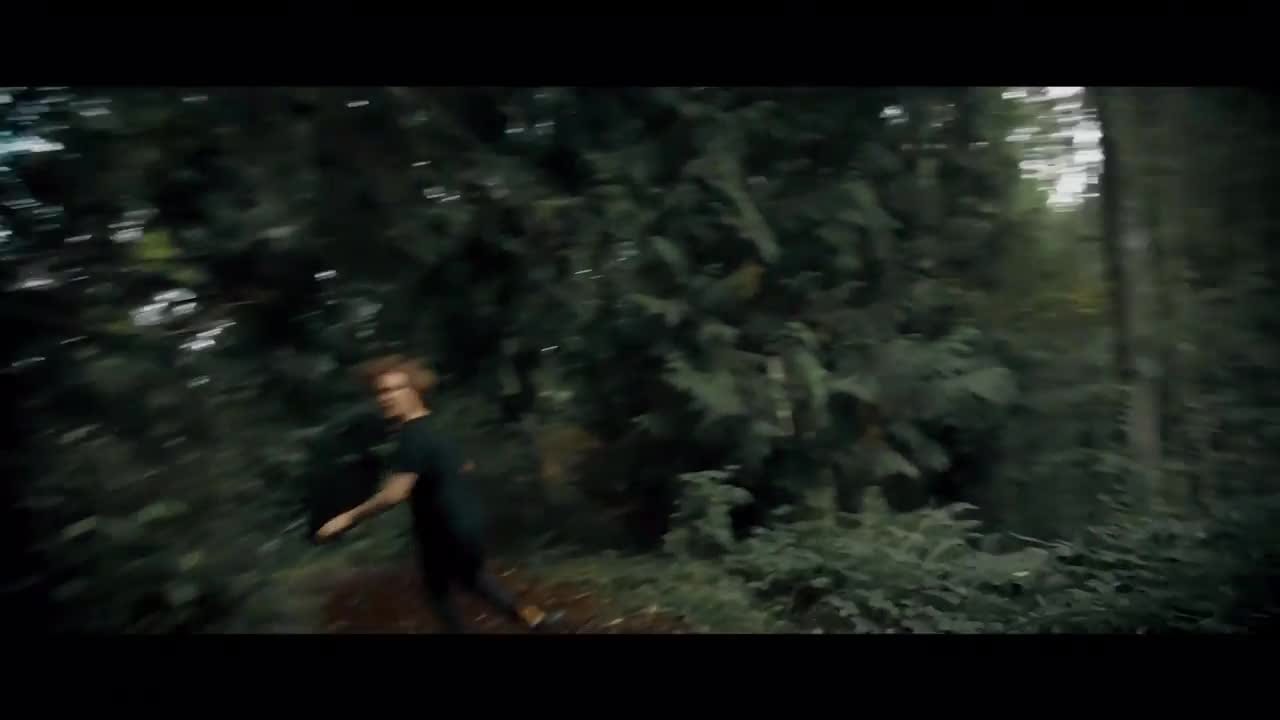 A low, motion blurred pass beside a figure standing among evergreens.