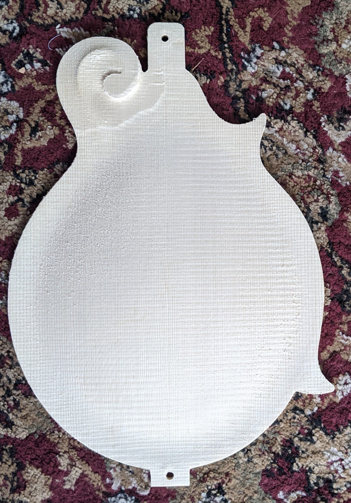 The rough machined spruce top as it came out of the kit, chalky and unshaped, lying on a patterned rug.