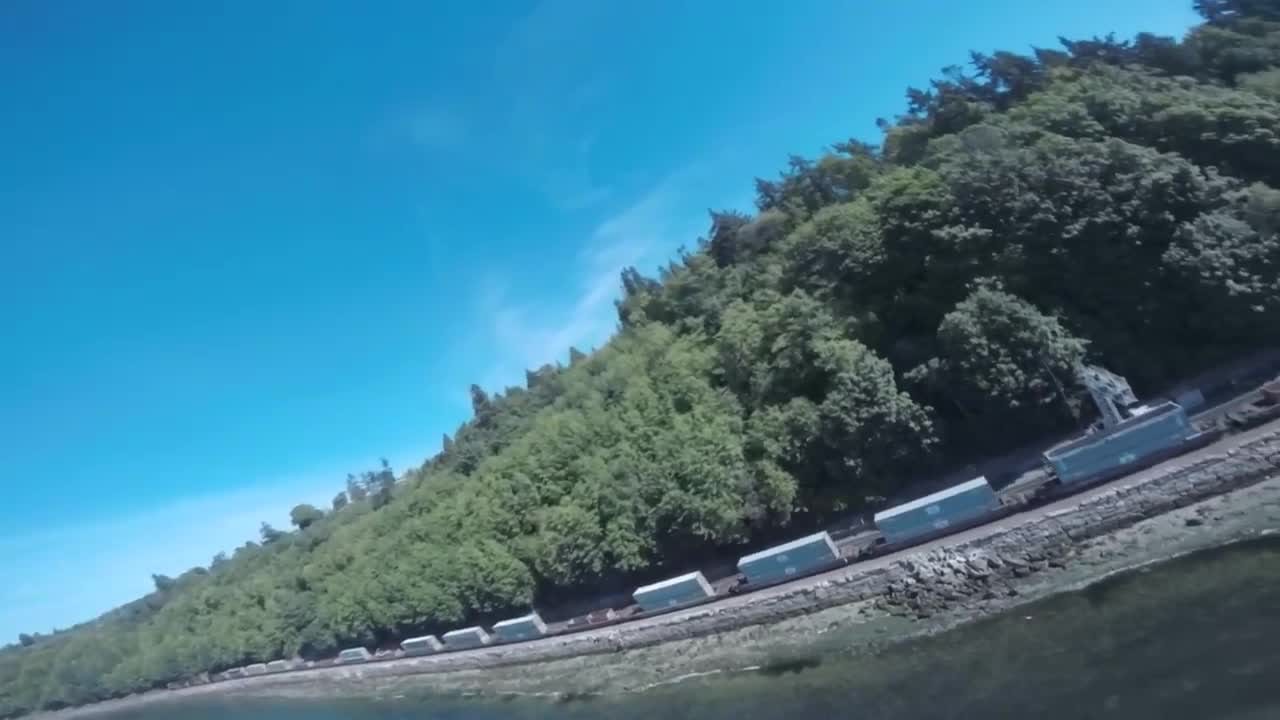 A freight train running along a shoreline track below a wooded hillside, the horizon banked hard over.