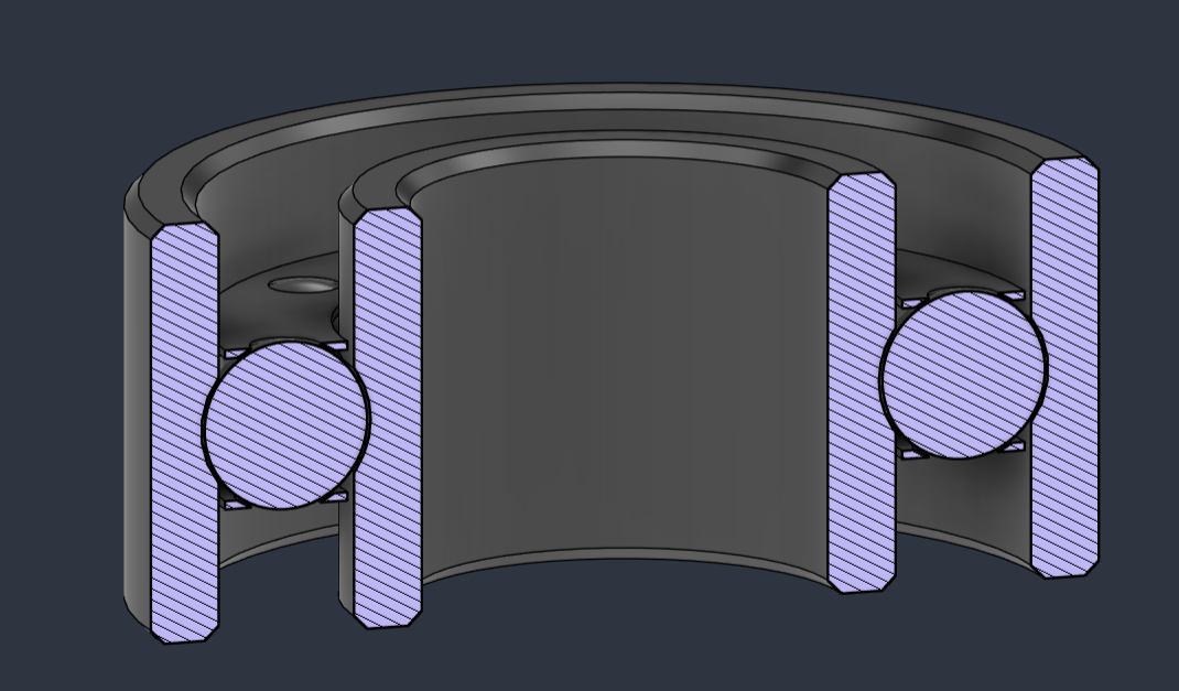 Section analysis through a bearing, showing hatched ring cross sections and balls seated in the raceways.