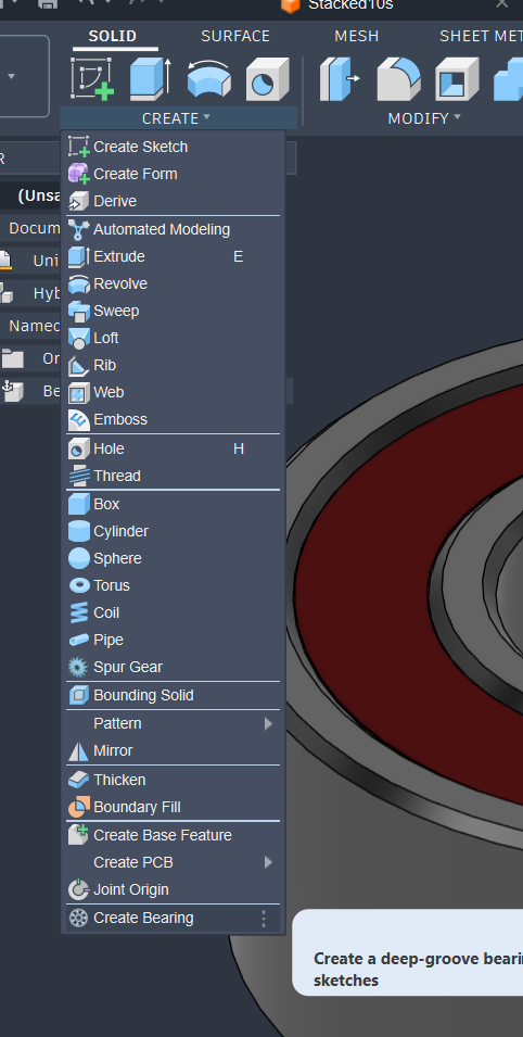 Fusion's Solid Create menu with Create Bearing at the bottom.
