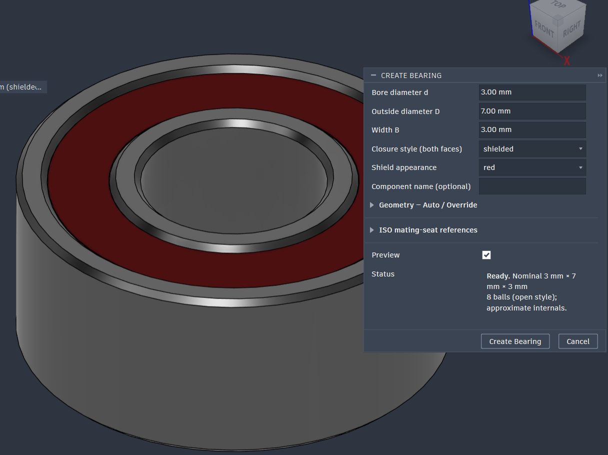 Create Bearing dialog beside a red-shielded model, with bore 3 millimeters, outside diameter 7 millimeters, width 3 millimeters, and Preview enabled.