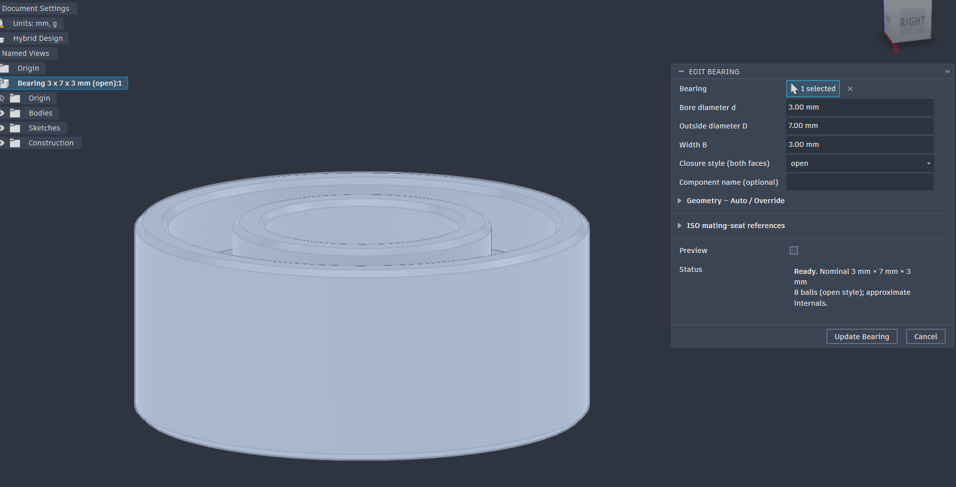Edit Bearing dialog with an existing open bearing selected, showing a 3 millimeter bore, 7 millimeter outside diameter, and 3 millimeter width.