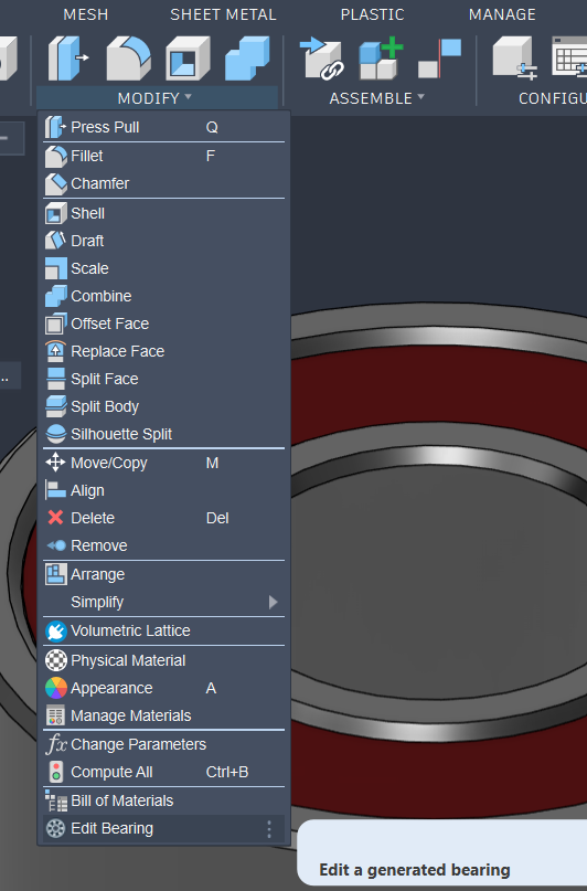 Fusion's Solid Modify menu with Edit Bearing at the bottom.