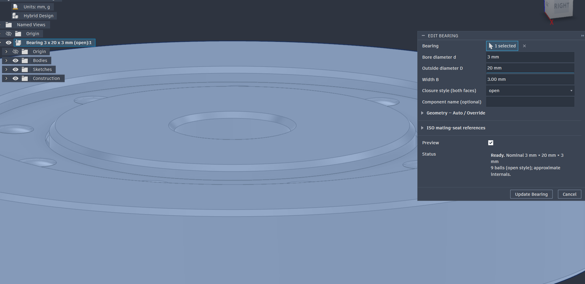 Edit Bearing with Preview enabled and outside diameter changed to 20 millimeters, while bore and width remain 3 millimeters.