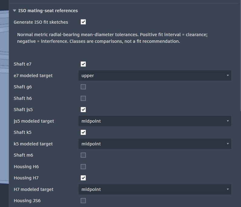 Expanded ISO mating-seat references in Fusion with Generate ISO fit sketches enabled and Housing H7 set to midpoint.
