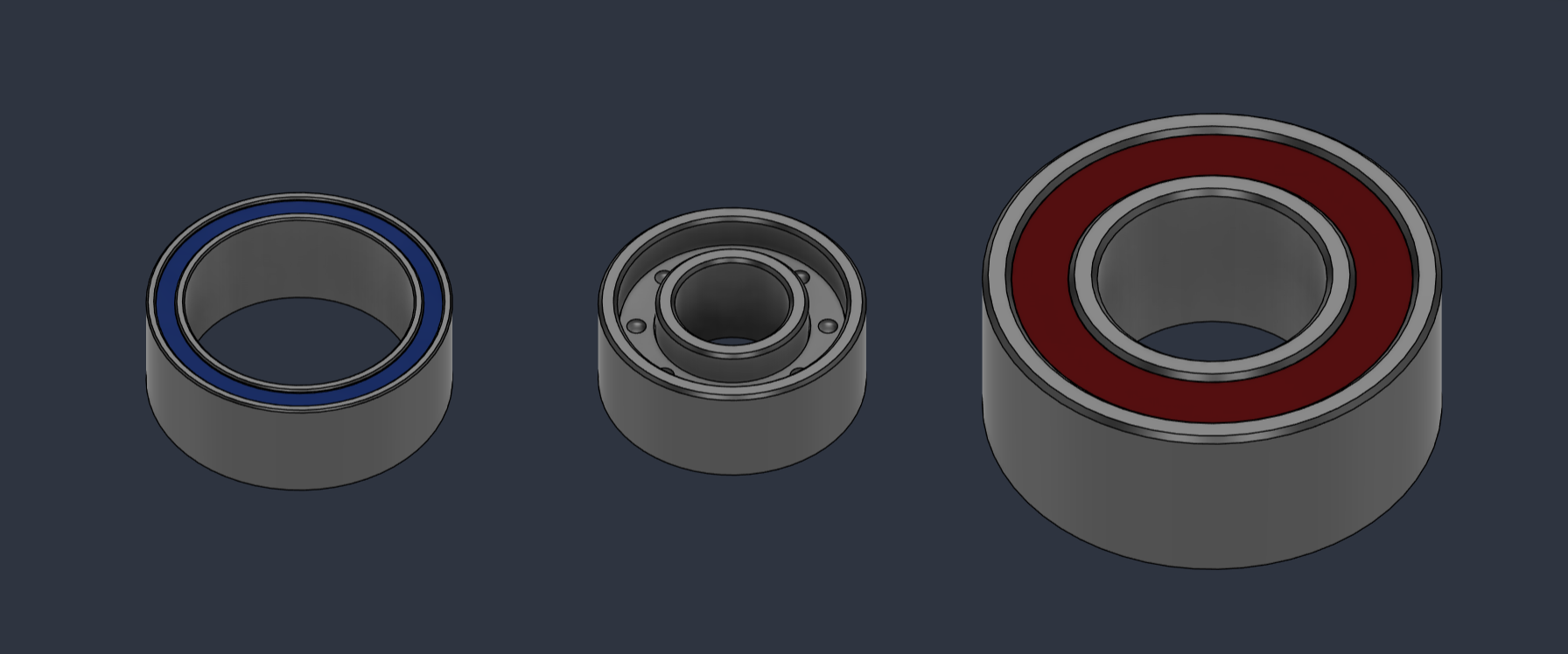 Three Fusion bearing models arranged side by side: a blue-covered bearing, an open bearing with visible internals, and a red-covered bearing.