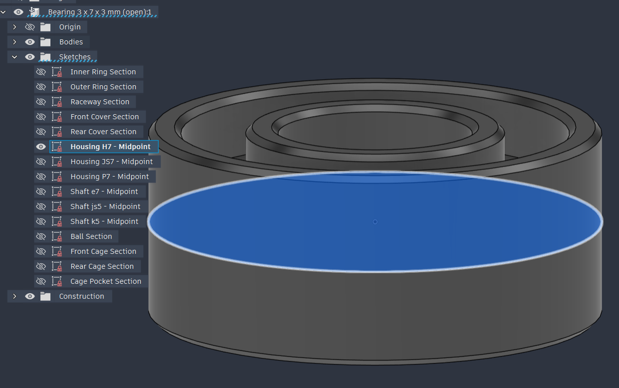 Housing H7 - Midpoint selected under the bearing's Sketches folder, with its circular profile highlighted blue in the model.