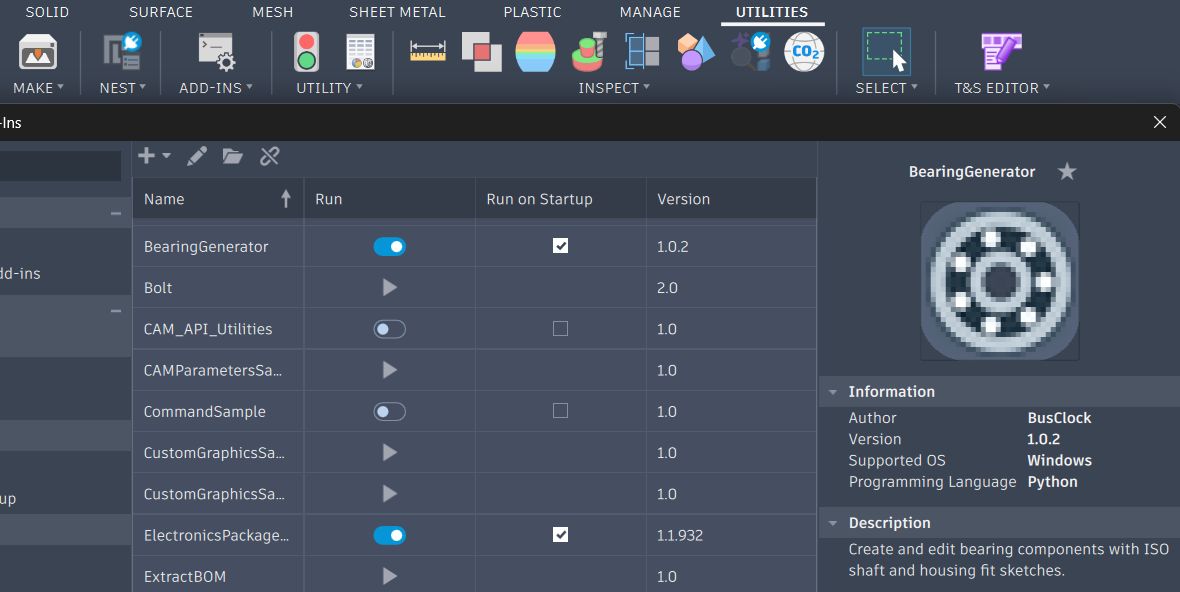 Fusion Add-Ins lists BearingGenerator version 1.0.2 with Run and Run on Startup enabled.