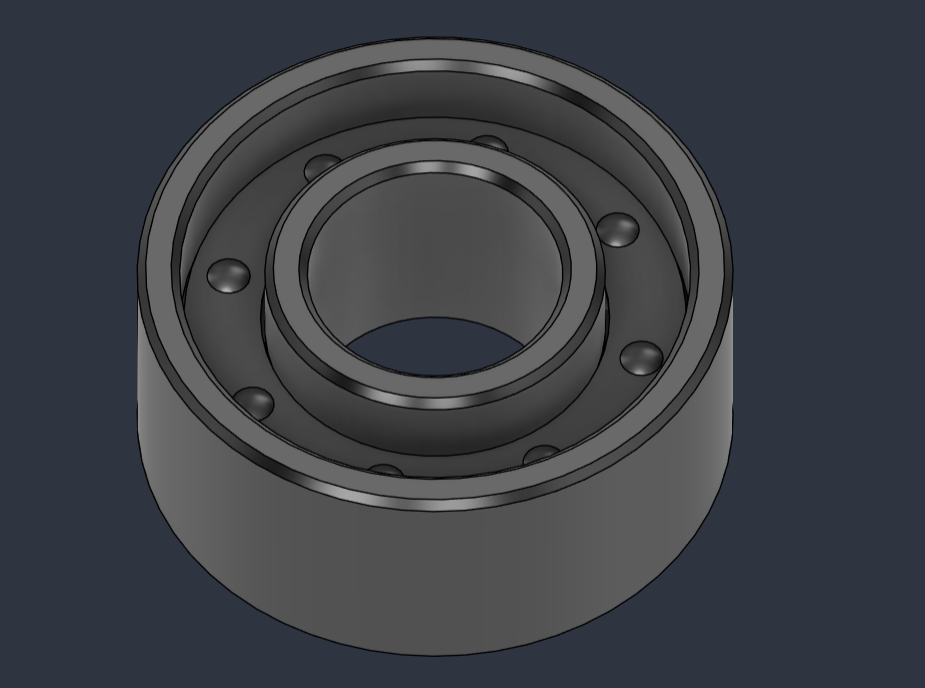 An open bearing model in Fusion, with its inner and outer rings, cage, and exposed balls visible.